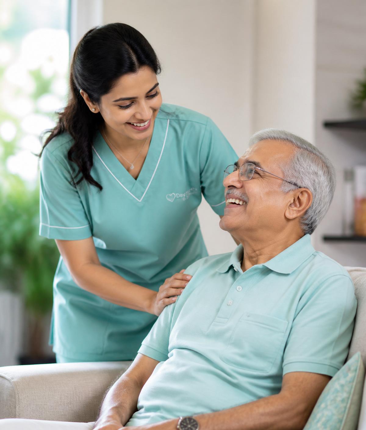 Home care nurse assisting a smiling elderly patient at home